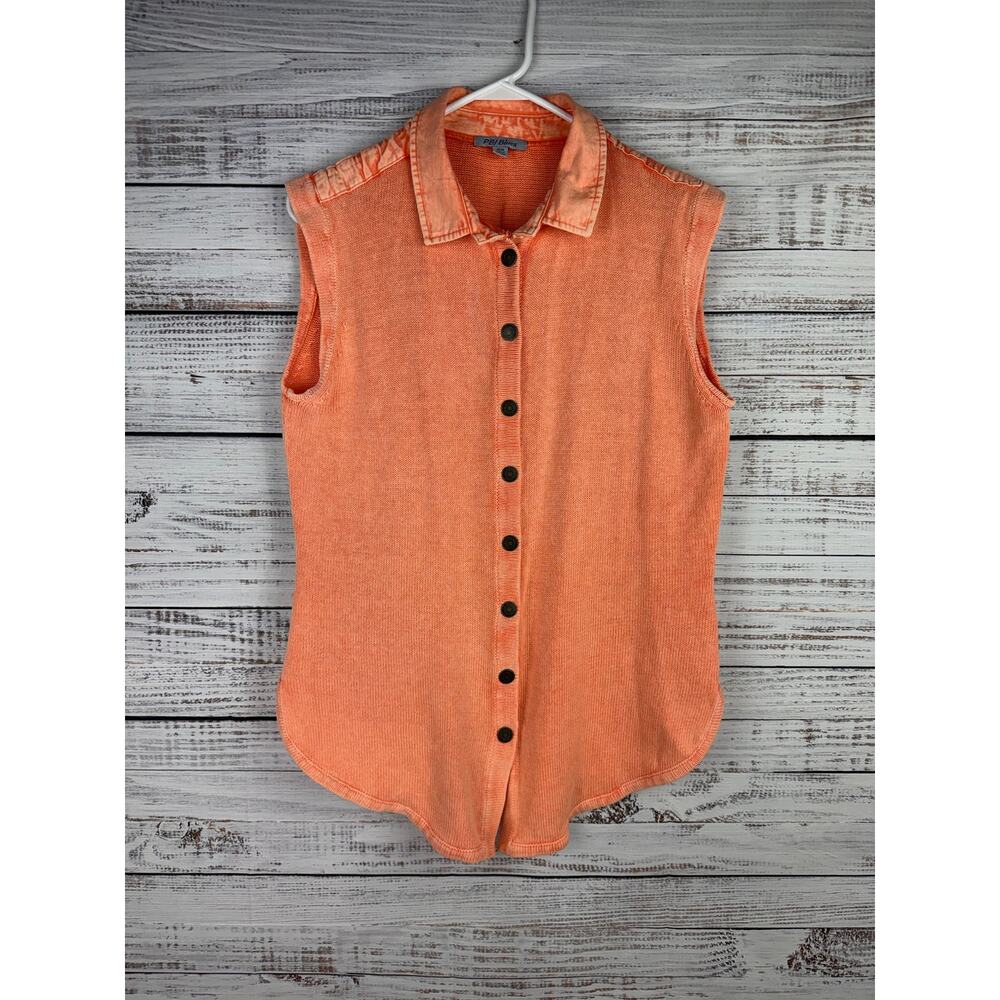 PBJ Blues Orange Sleeveless Snap Down Shirt Ramie Cotton Cottage Boho Festival M